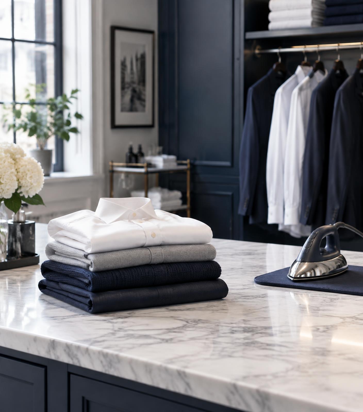 Folded premium garments and a steam iron on a marble counter in a garment care studio