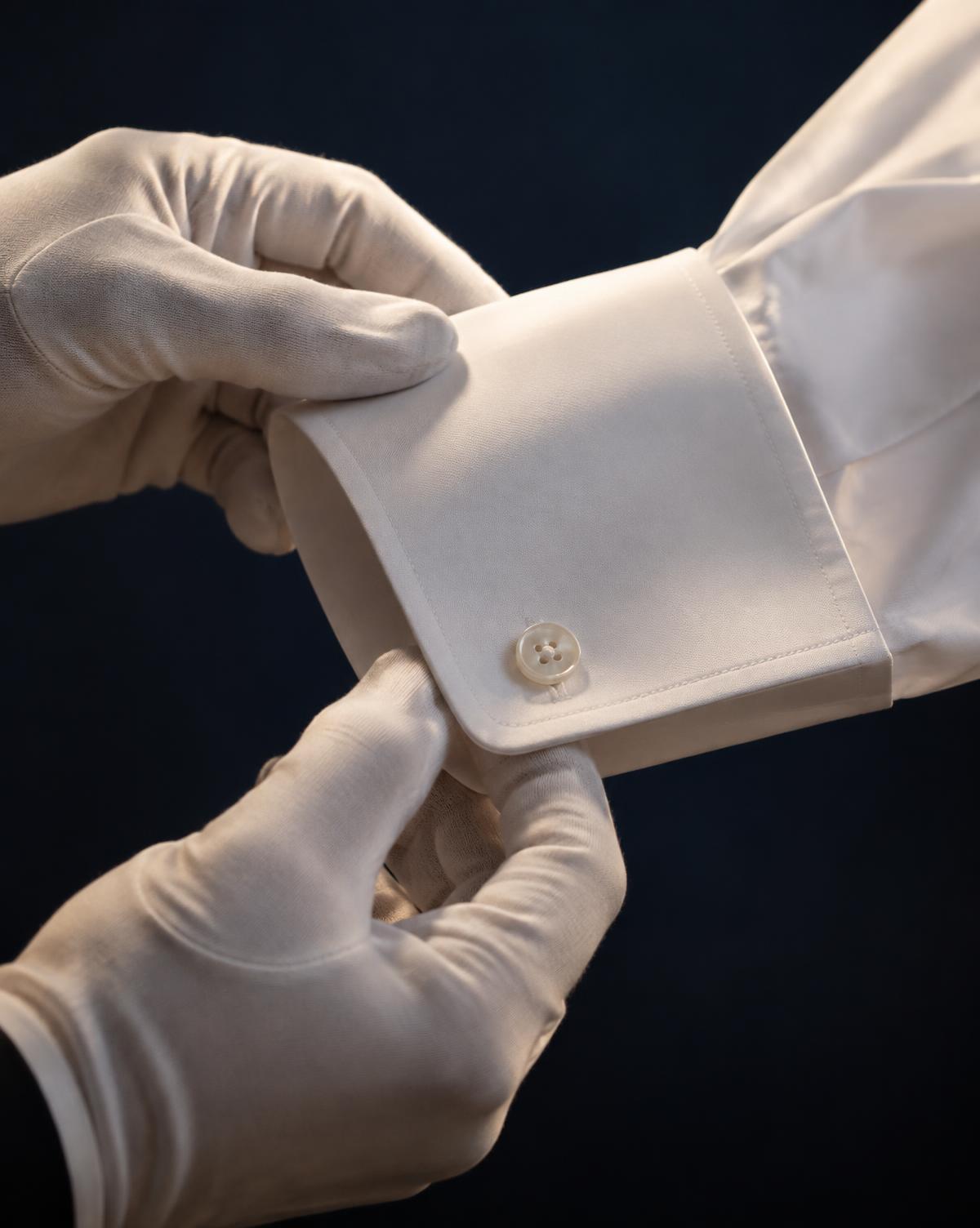 Gloved hands inspecting the cuff of a white shirt