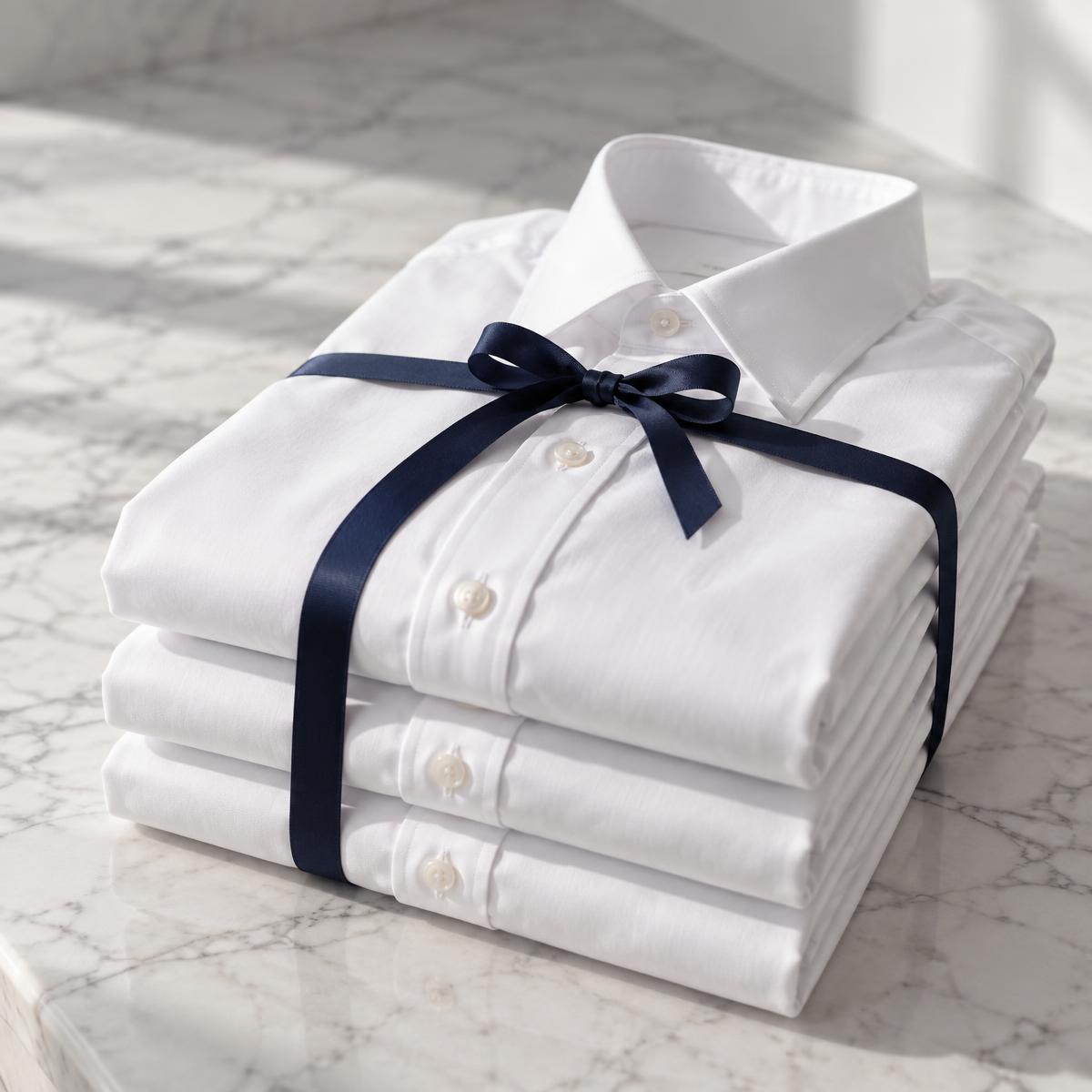 Freshly folded white shirts tied with a navy ribbon