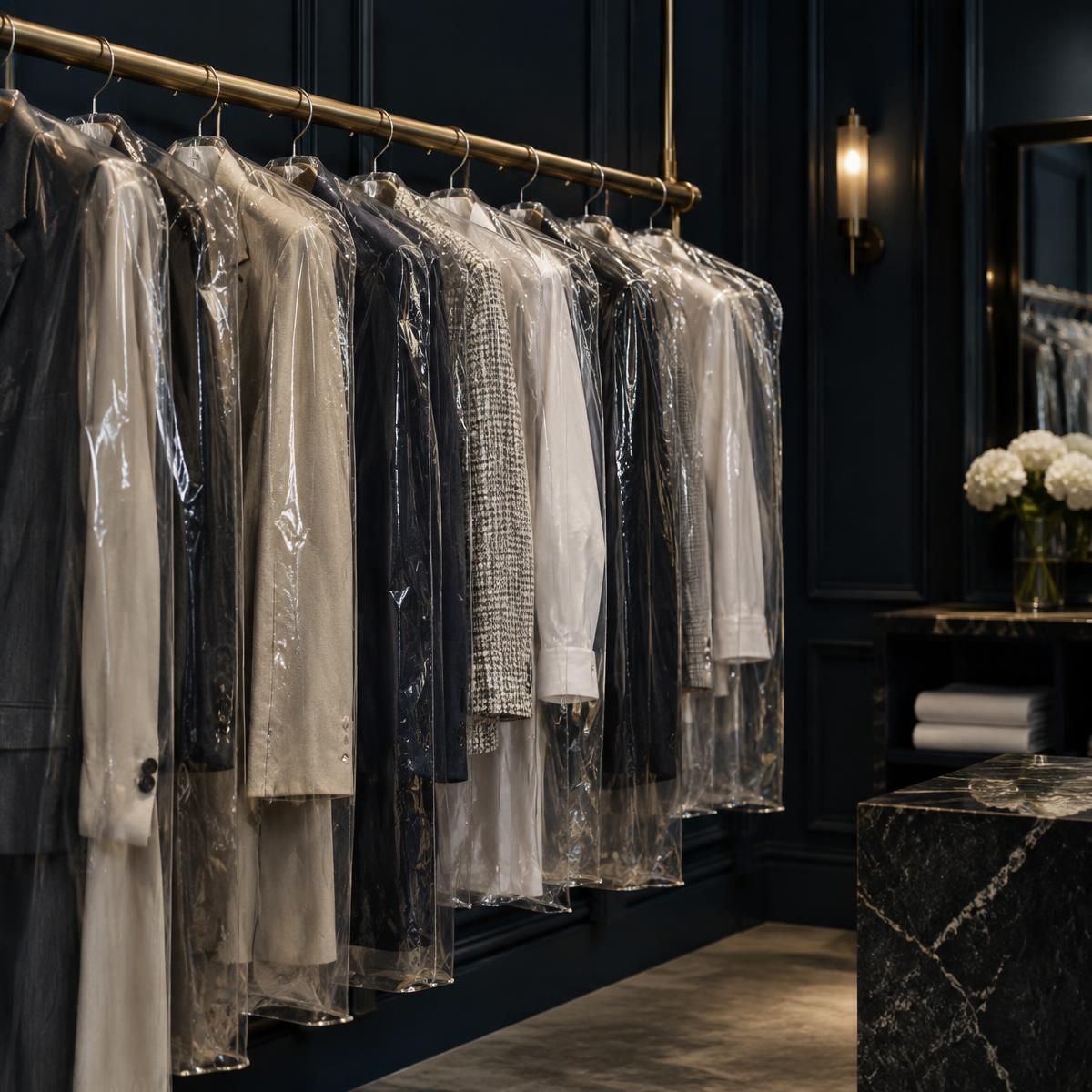Dry cleaned garments in protective covers on a brass rail