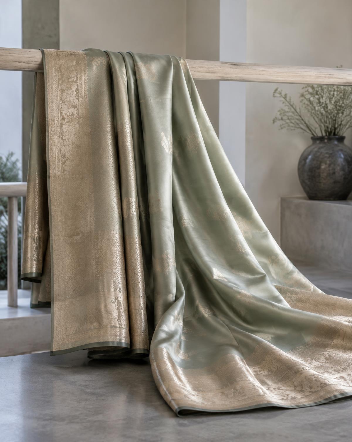 Silk saree draped over a wooden rail