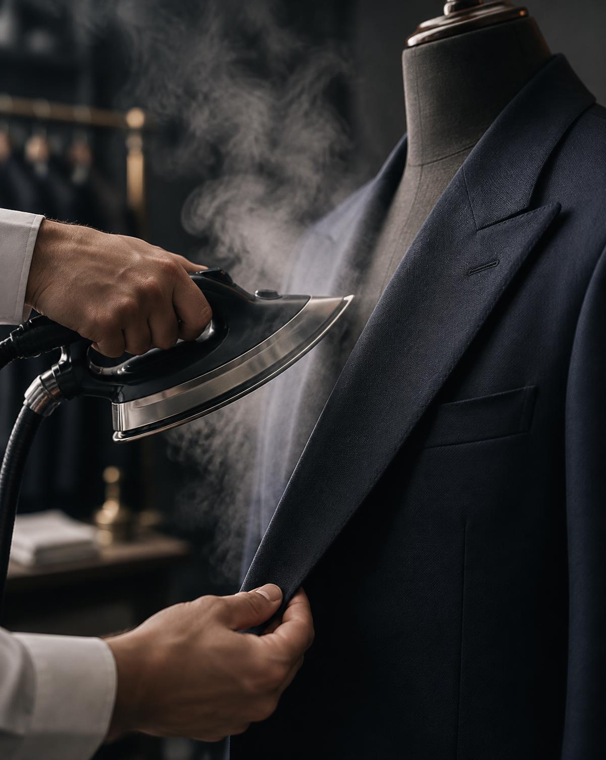 Steam pressing the lapel of a navy blazer